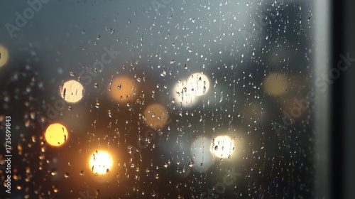Raindrops on window with blurred city lights