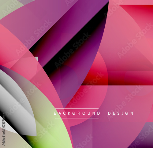 Abstract geometric shapes overlap, creating vibrant pinks, purples, greens. Modern design feels energetic, dynamic.