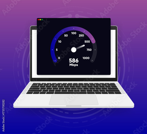 Internet download and upload speed test gauge. Internet speed test software and network performance information. Internet connection speed test. Modern design for software. Vector illustration.
