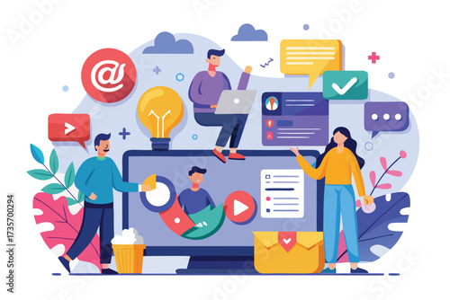 Digital marketing strategy people collaborating social media engagement online business growth