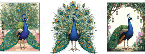 Magnificent peacock illustration with colorful feathers, exotic bird artwork, elegant wildlife drawing, nature inspired vector art design