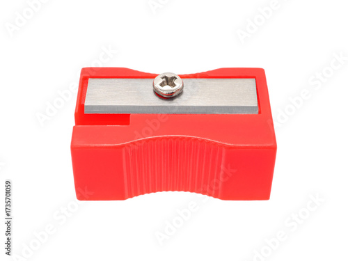 Close up, red pencil sharpener, a tool for sharpening pencils and an essential tool for document work, writing or drawing, isolated on transparent background.