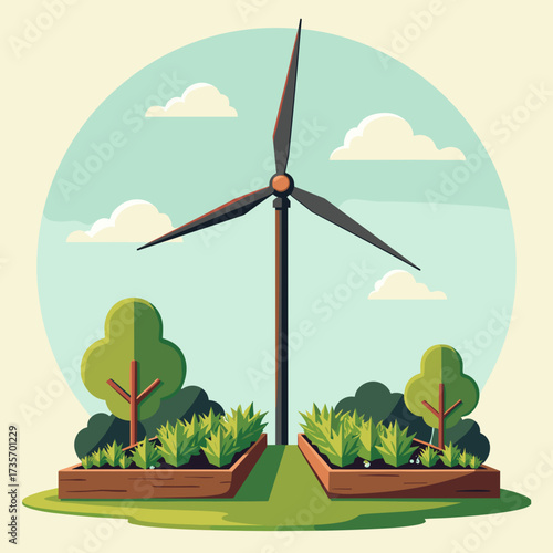 Wind energy illustration showing turbine with plants and sky. Wind energy graphic showcasing sustainable power generation, plus plants in wooden containers and white clouds.
