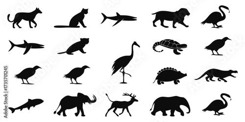Create a collection of minimalistic black animal silhouettes in a clean, icon-style format. Each silhouette should clearly represent a different animal species — including mammals, birds, reptiles, in