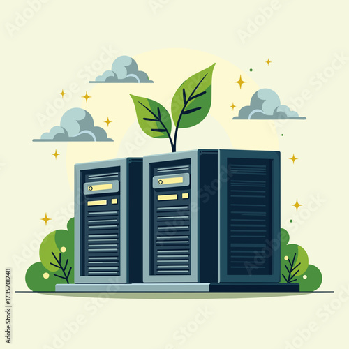 Servers in nature showcase green hosting solutions, depicting server farm with plants growing on top. Hosting solutions and server farm indicate data center sustainability and eco friendly tech.