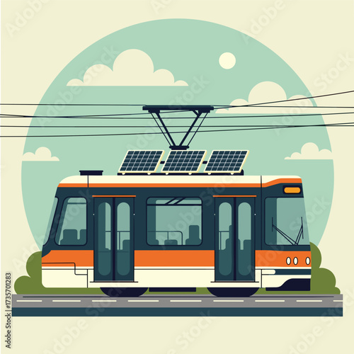 Illustrated tram for eco friendly urban mobility, demonstrating future technology. Modern tram on road with electric power lines in city, and renewable energy concept, shows environmental awareness.