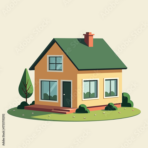 Cartoon house illustration against soft beige backdrop. Detailed cartoon house displays green roof and simple architectural design.