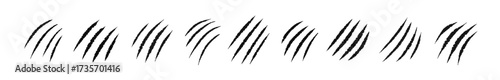 Claw scratches, wild animal marks set. Sharp nail trace, monsters paw track, tear lines, jagged scars, torn effect, grunge texture after attack. Flat vector illustrations isolated on white background