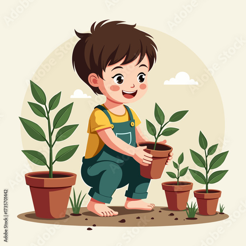 Child planting illustration with boy carefully planting young plants in soil outdoors. Planting concept shows child's joyful expression as he learns gardening. Fresh planting represents nature,