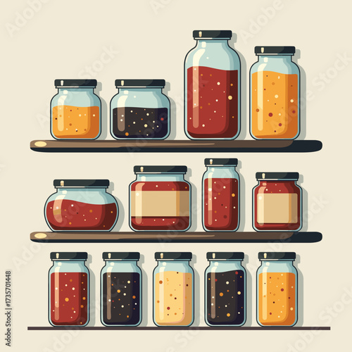 Shelf with jars showcasing a variety of colorful ingredients, perfect shelf with jars for culinary creations and artistic projects. Shelf with jars containing spices, herbs, sauces,