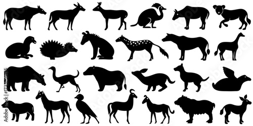 Create a collection of minimalistic black animal silhouettes in a clean, icon-style format. Each silhouette should clearly represent a different animal species — including mammals, birds, reptiles, in