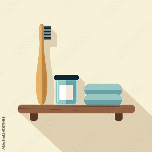 Minimalist bathroom shelf arrangement with toothbrush, cream, and towels on shelf. Elegant bathroom setup features accessories and soft stacked bath towels, enhancing spa-like ambiance.