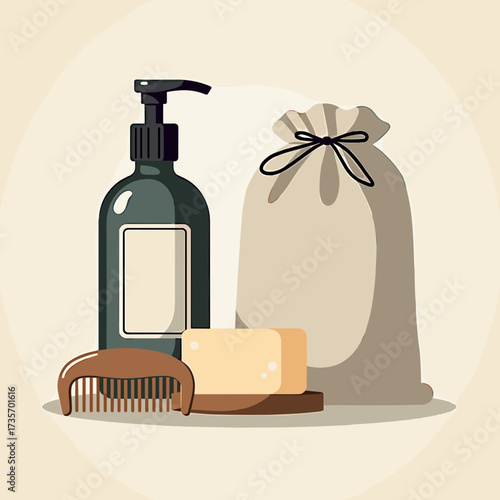 Set of beauty products, featuring soap, shampoo bottle, comb, and reusable bag. Beauty products including items for personal care routine. Display beauty products for shop or cosmetics catalog.