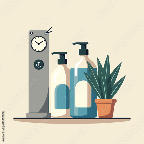 Minimalist still life with beauty product bottles and potted plant on shelf. Still life composition features sleek bottles of skincare product and decorative plant beside shelf clock.