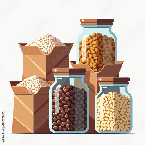 Jars and sacks of beans display various dried goods and legumes. Display various dried goods and legumes, including soybeans, lentils,