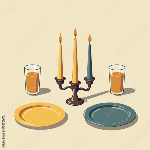 Festive dinner setting prepared with lit candles, glasses, and plates on light backdrop. This elegant dinner setting creates mood of festivity and celebration. Classic dinner setting,