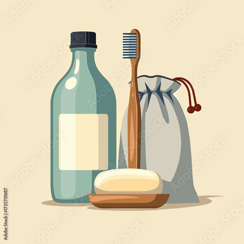 Sustainable toiletries composition featuring reusable soap dish, mouthwash bottle, and toothbrush with storage bag. Sustainable toiletries including hygiene products promote waste reduction.
