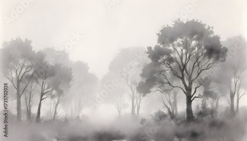 Black and White Watercolor Landscape of Trees in Foggy Atmosphere