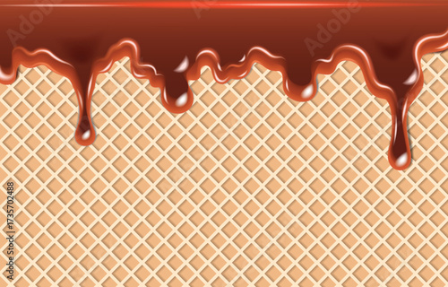 Melted chocolate dripping on wafer background