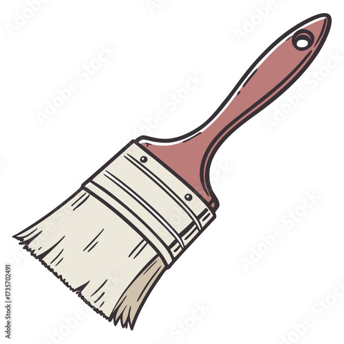 A hand drawn illustration of a flat paintbrush with a reddish brown handle and cream colored bristles