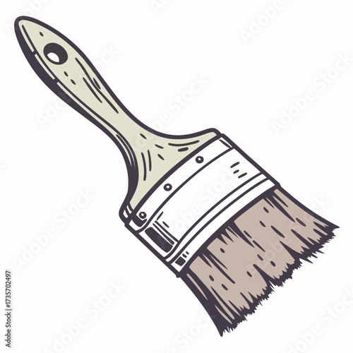 A hand drawn illustration of a paintbrush with a light colored handle and dark bristles on a white background