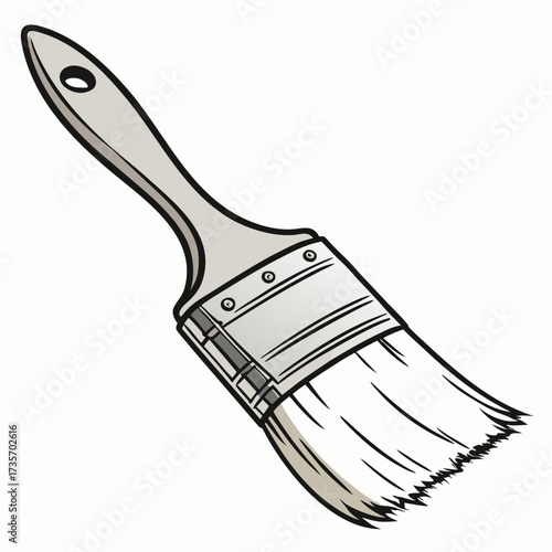 A simple illustration of a paintbrush with a light gray handle and white bristles on a white background