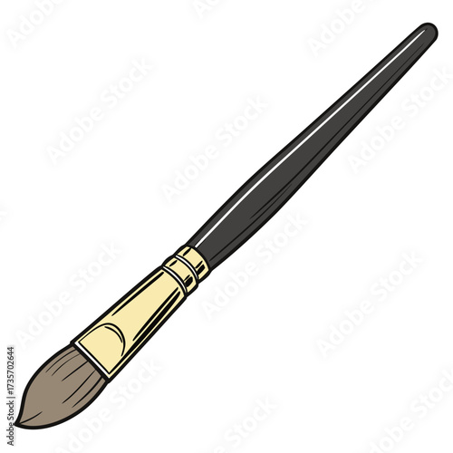 A single artistic paint brush with a black handle and gold ferrule isolated on a white background