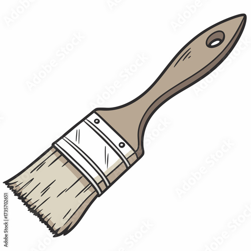 A simple illustration of a paintbrush with a wooden handle and white bristles on a white background