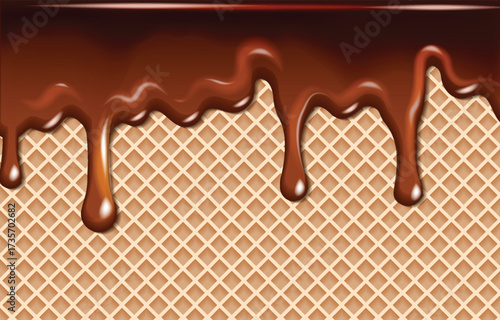 Delicious melted milk chocolate dripping on wafers background
