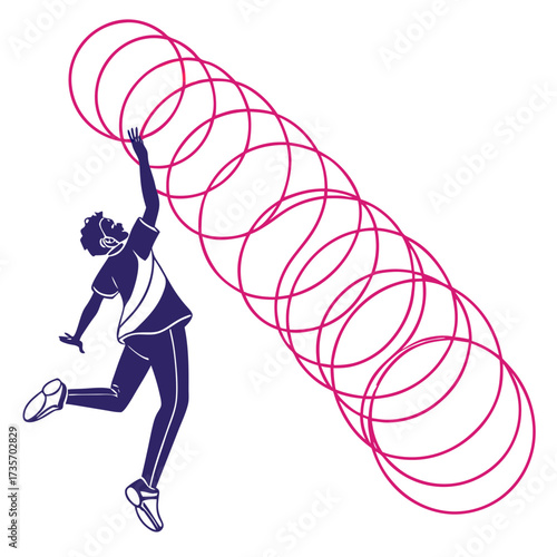 Energetic person jumping and reaching towards a dynamic trail of interconnected pink circles