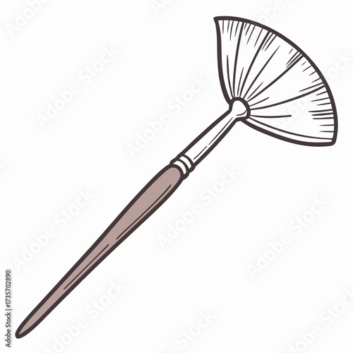 Hand drawn illustration of a single fan brush with a brown handle and white bristles on a white background