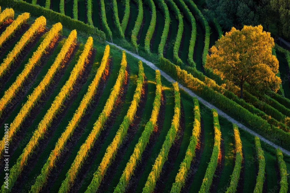 Fototapeta premium Scenic vineyard rows exhibiting intricate patterns amidst lush greenery under golden sunset, showcasing the art of viticulture and nature's craftsmanship in breathtaking harmony