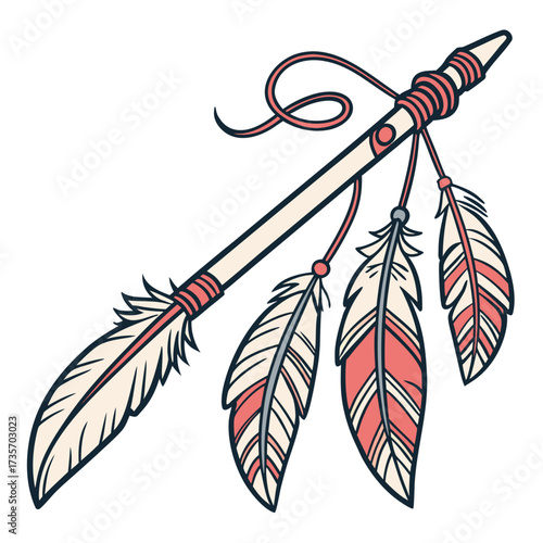 Stylized native american arrow shaft with decorative feathers and cord on a white background