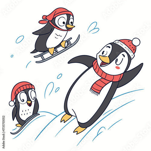 Three adorable cartoon penguins wearing red hats and scarves enjoying winter activities like skiing and sledding