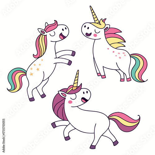 Three cheerful cartoon unicorns with colorful manes and tails prancing joyfully on a white background
