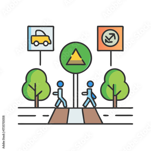 Stylish illustration of pedestrian crossing and traffic signs in a green urban landscape