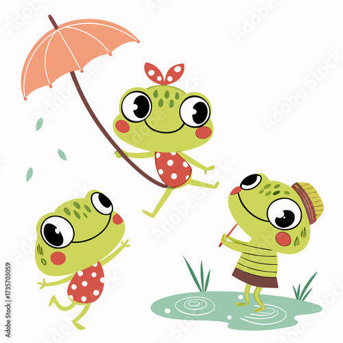 Three cute cartoon frogs enjoying a rainy day with an umbrella and playing in a puddle