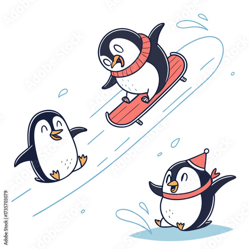 Three cute cartoon penguins enjoying winter activities like snowboarding and sliding down a snowy hill