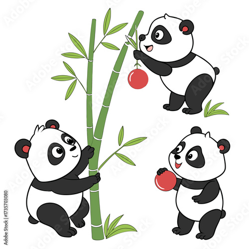 Three cute cartoon pandas interacting with a bamboo stalk and red balls on a white background