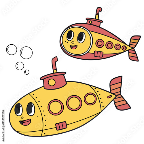 Two cute cartoon yellow submarines with red accents and bubbles floating underwater