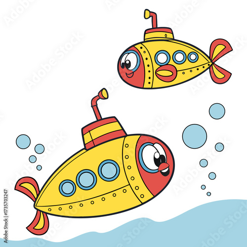 Two cute cartoon yellow and red submarines with big eyes and bubbles underwater