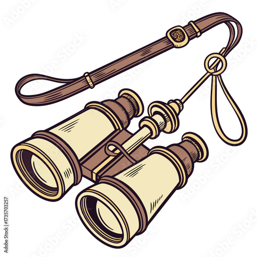 Vintage binoculars with a leather strap depicted in a stylized illustration with a white background