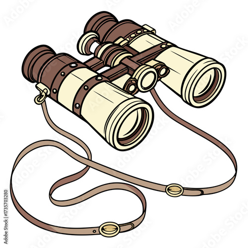 Vintage style binoculars with a leather strap and brass accents on a white background