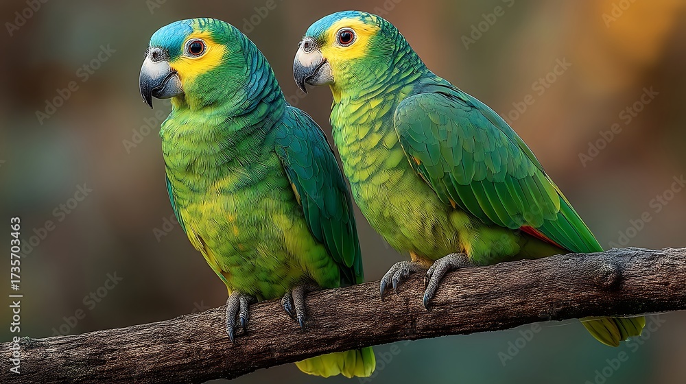 Fototapeta premium stock photo of two Amazon Emperor Parrots set against a clean, soft-focus background of a sun-dappled forest. The birds are positioned centrally on a weathered branch, their brilliantly colored 