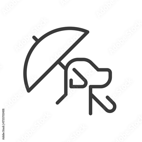 pet insurance clip art icon symbol, animal shelter concept, dog under umbrella, isolated thin line vector illustration