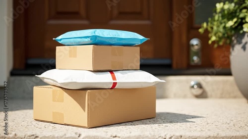 Packages Delivered to Doorstep Anticipation and Convenience of Home Shipping with Cardboard Boxes and Colorful Envelopes Awaiting Consumer Orders