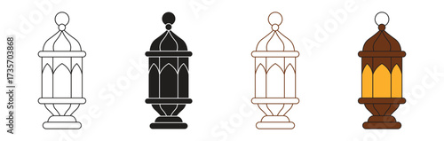 Arabic lamp icon set , Arabic lamps vintage Egyptian Moroccan Dubai eastern lamp for Islamic mosque or Arabian lighting, vector illustration .
