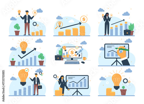 A set of business illustrations featuring scenes of men and women engaged in business activities.