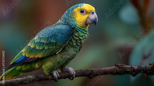 Emperor Parrot in its natural habitat, perched prominently on a branch with a symmetrical composition. The photograph emphasizes the beautiful contrast between the bird's bright yellow head, 