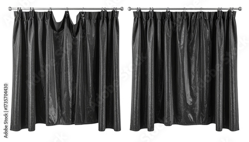 Two sets of white curtains are hung on a silver rod against a white backdrop